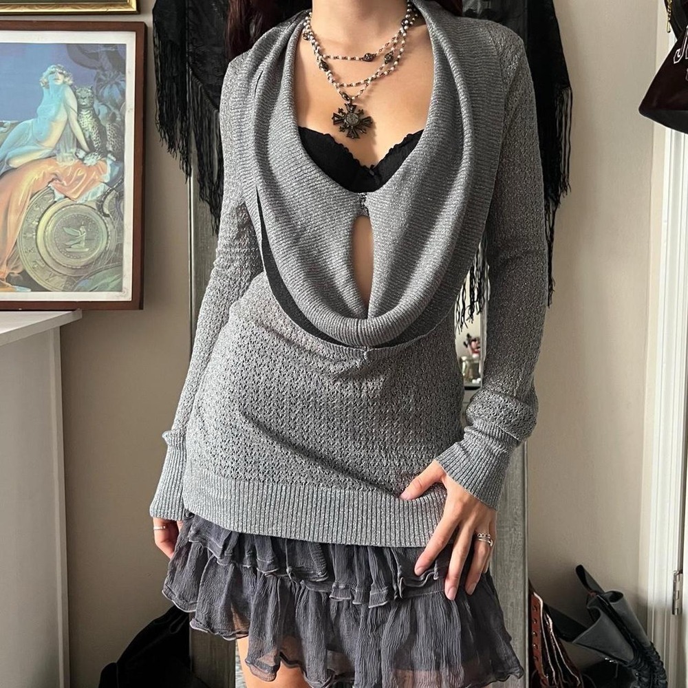 Kensie Grey Silver Glittery Cowl Neck Long Sleeve Sweater Grunge Punk Y2K Large